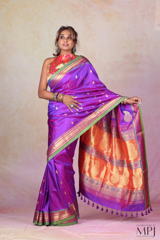 Purple Handloom Pure Silk Yeola Paithani Saree with Banarasi-Inspired Pallu