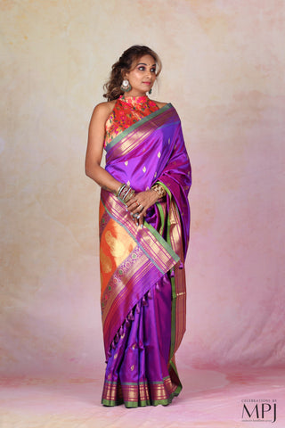 Purple Handloom Pure Silk Yeola Paithani Saree with Banarasi-Inspired Pallu