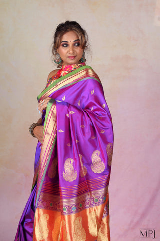 Purple Handloom Pure Silk Yeola Paithani Saree with Banarasi-Inspired Pallu