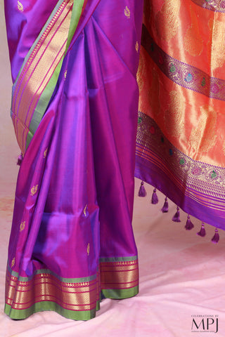Purple Handloom Pure Silk Yeola Paithani Saree with Banarasi-Inspired Pallu