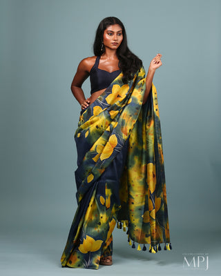 Mid-night blue Hand Painted Handloom Pure Silk Saree