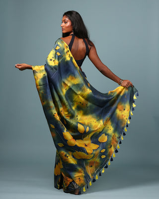 Mid-night blue Hand Painted Handloom Pure Silk Saree