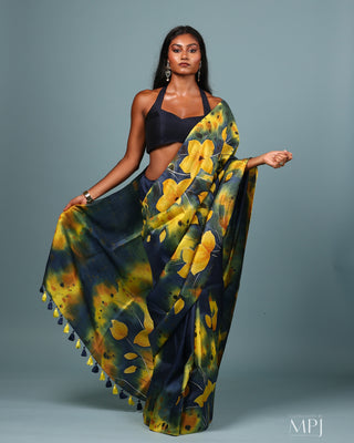 Mid-night blue Hand Painted Handloom Pure Silk Saree