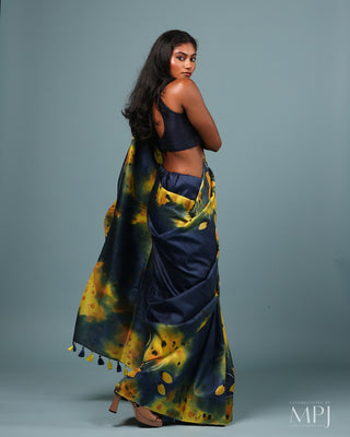 Mid-night blue Hand Painted Handloom Pure Silk Saree