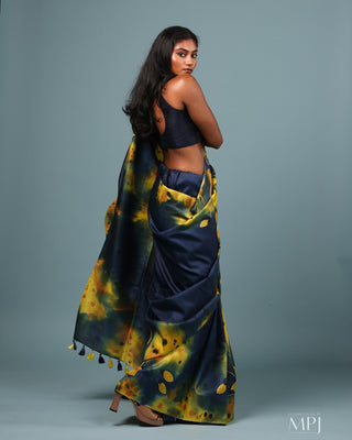 Mid-night blue Hand Painted Handloom Pure Silk Saree