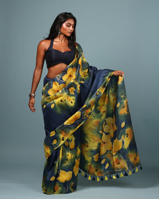 Mid-night blue Hand Painted Handloom Pure Silk Saree
