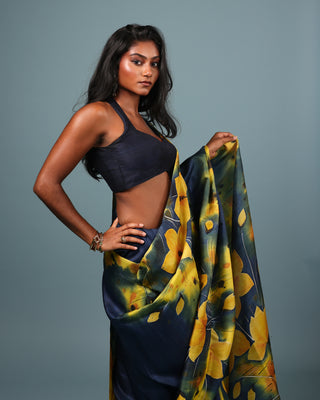 Mid-night blue Hand Painted Handloom Pure Silk Saree