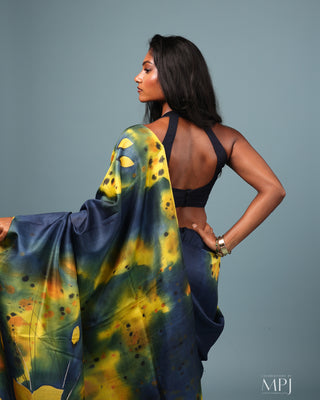 Mid-night blue Hand Painted Handloom Pure Silk Saree