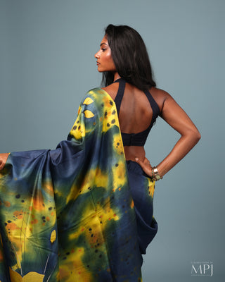 Mid-night blue Hand Painted Handloom Pure Silk Saree