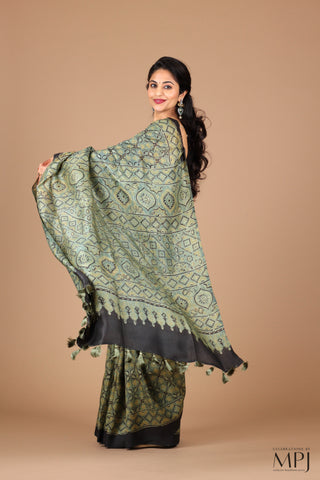 Sage Green Ajrakh Handloom Pure Silk Saree