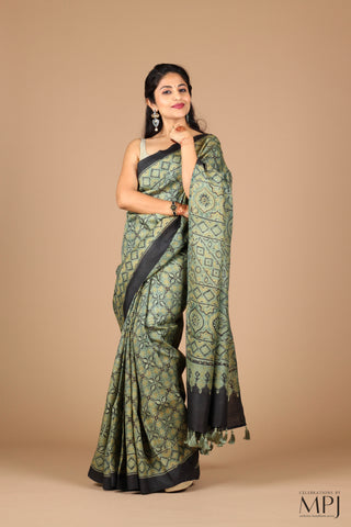 Sage Green Ajrakh Handloom Pure Silk Saree