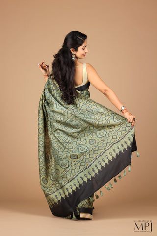 Sage Green Ajrakh Handloom Pure Silk Saree