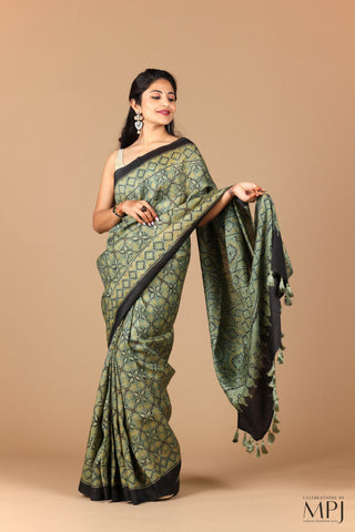 Sage Green Ajrakh Handloom Pure Silk Saree