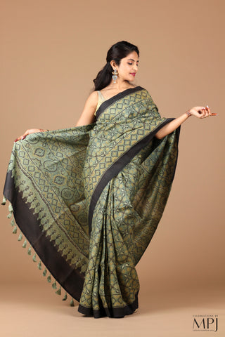 Sage Green Ajrakh Handloom Pure Silk Saree