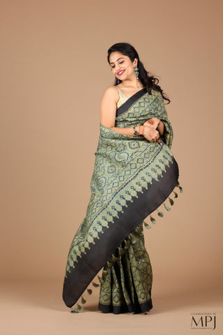 Sage Green Ajrakh Handloom Pure Silk Saree