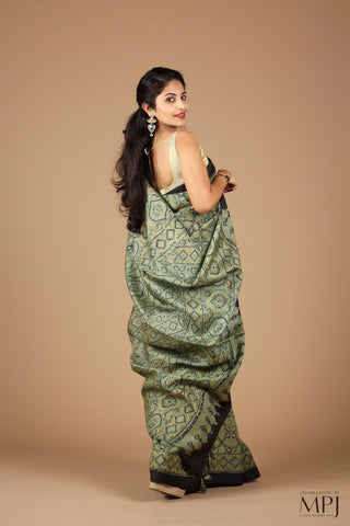 Sage Green Ajrakh Handloom Pure Silk Saree