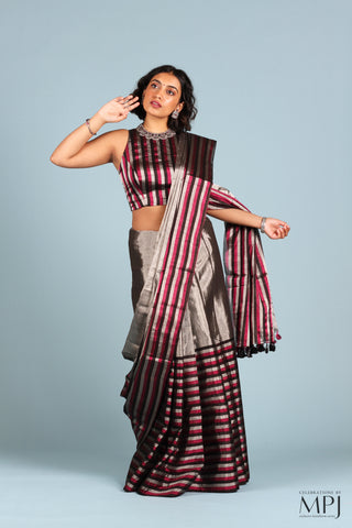 Silver and Black/Pink Striped Tissue Silk Chanderi Saree with Stitched Blouse