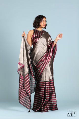 Silver and Black/Pink Striped Tissue Silk Chanderi Saree with Stitched Blouse