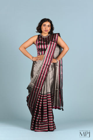 Silver and Black/Pink Striped Tissue Silk Chanderi Saree with Stitched Blouse