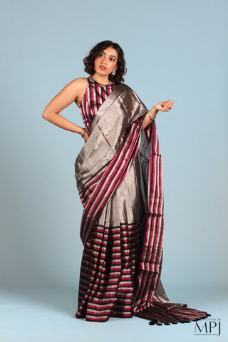 Silver and Black/Pink Striped Tissue Silk Chanderi Saree with Stitched Blouse