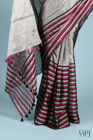 Silver and Black/Pink Striped Tissue Silk Chanderi Saree with Stitched Blouse