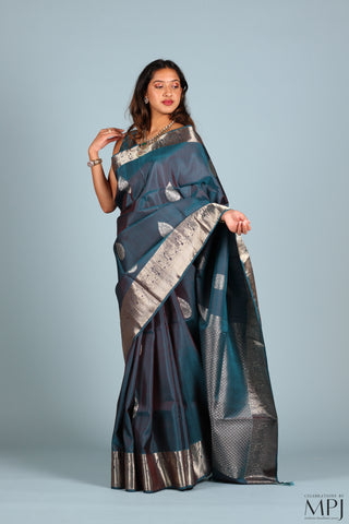 Steel Blue Traditional Kanjivaram Silk Saree with SIlver Jari