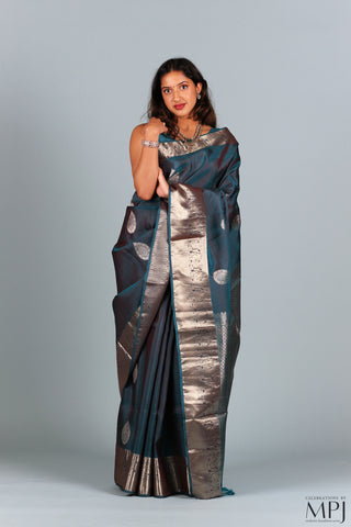 Steel Blue Traditional Kanjivaram Silk Saree with SIlver Jari