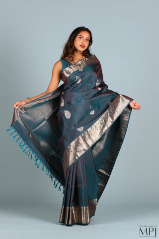 Steel Blue Traditional Kanjivaram Silk Saree with SIlver Jari