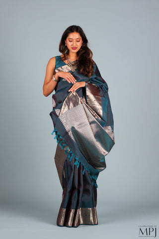 Steel Blue Traditional Kanjivaram Silk Saree with SIlver Jari