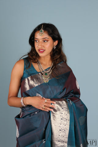 Steel Blue Traditional Kanjivaram Silk Saree with SIlver Jari