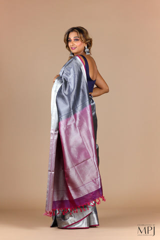 Steel Grey Handloom Silk Kanjivaram with Magenta Brocade Pallu