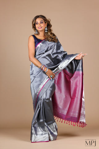 Steel Grey Handloom Silk Kanjivaram with Magenta Brocade Pallu