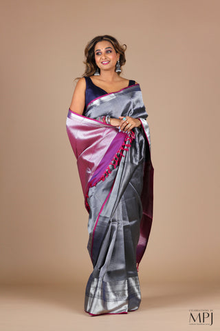 Steel Grey Handloom Silk Kanjivaram with Magenta Brocade Pallu