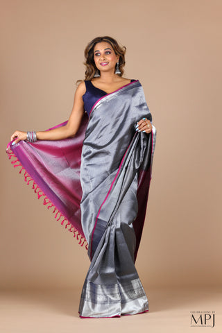 Steel Grey Handloom Silk Kanjivaram with Magenta Brocade Pallu