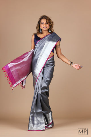 Steel Grey Handloom Silk Kanjivaram with Magenta Brocade Pallu