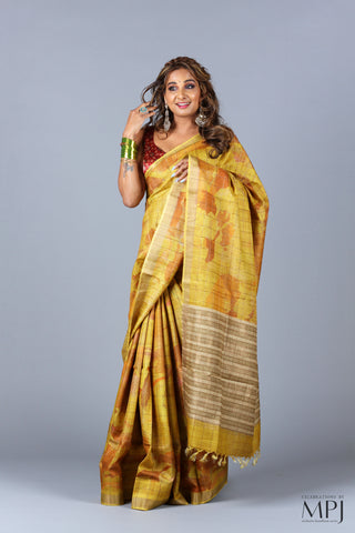 Turmeric Yellow Floral Tusser Silk Saree with Stitched Blouse