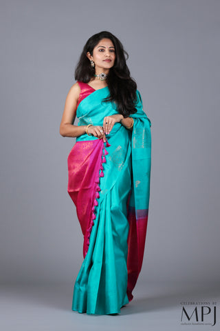 Aquamarine Fuchsia Handloom Soft Silk Kanjivaram