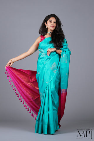 Aquamarine Fuchsia Handloom Soft Silk Kanjivaram