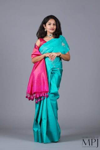 Aquamarine Fuchsia Handloom Soft Silk Kanjivaram