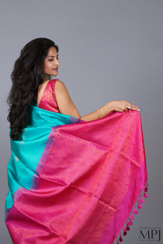 Aquamarine Fuchsia Handloom Soft Silk Kanjivaram