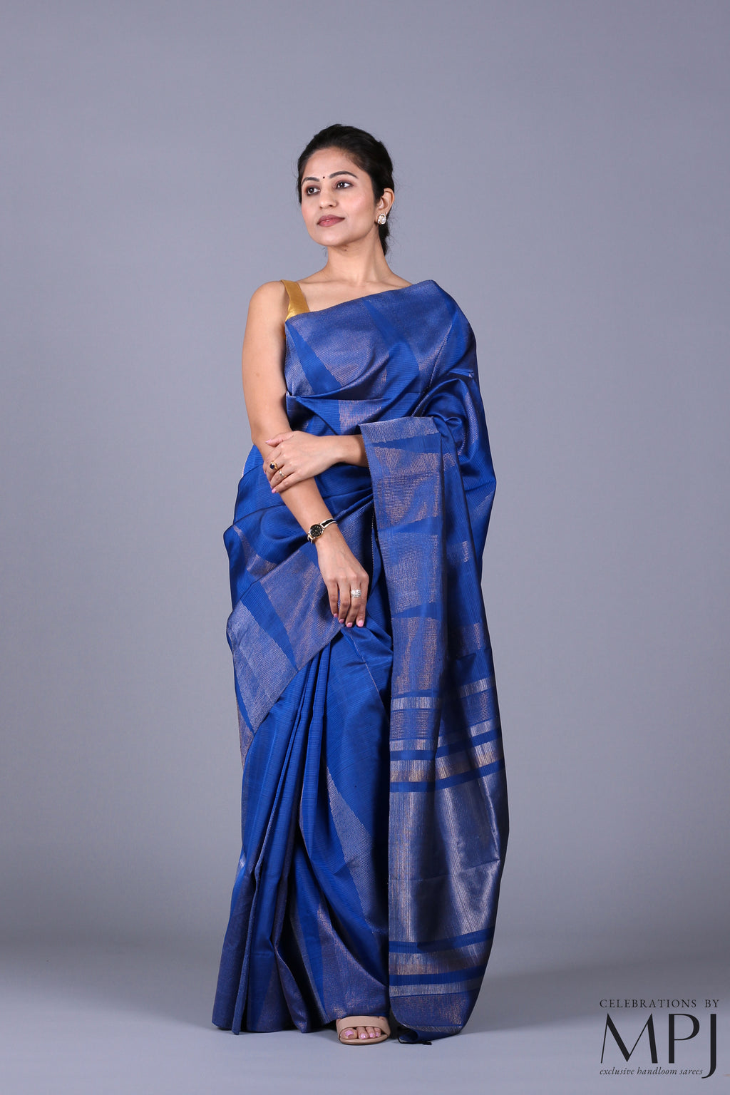 Deep Blue Soft Silk Saree with Silver Gold Zari and Stitched Blouse ...