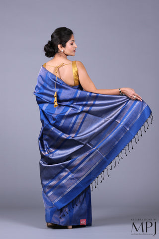 Deep Blue Soft Silk Saree with Silver Gold Zari and Stitched Blouse