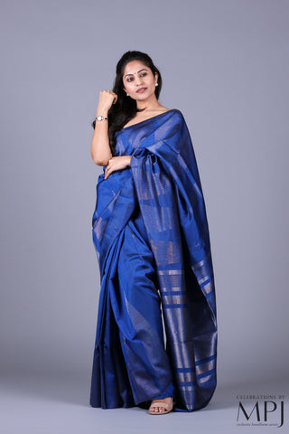 Deep Blue Soft Silk Saree with Silver Gold Zari and Stitched Blouse