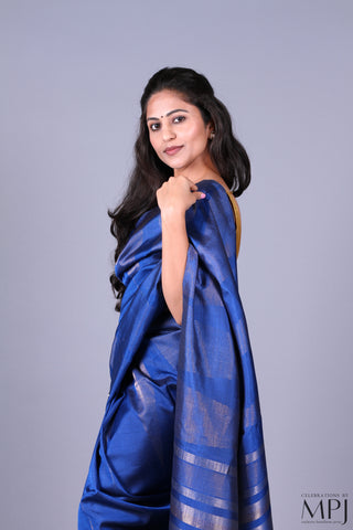 Deep Blue Soft Silk Saree with Silver Gold Zari and Stitched Blouse