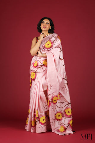 Baby Pink Hand Painted Handloom Pure Silk Saree