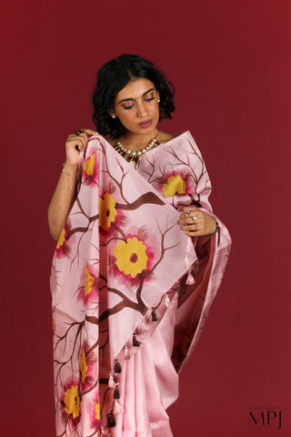 Baby Pink Hand Painted Handloom Pure Silk Saree