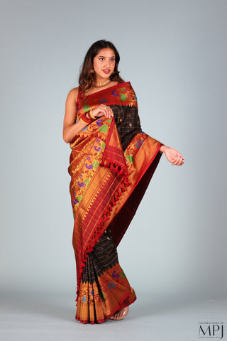 Black Maroon Handloom Silk Gadwal Saree