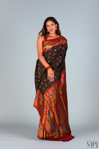 Black Maroon Handloom Silk Gadwal Saree