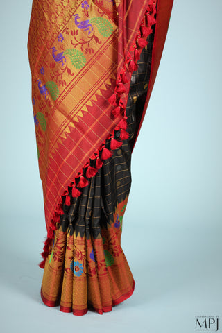 Black Maroon Handloom Silk Gadwal Saree