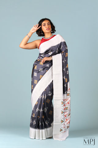 Grey Handloom Silk Single Ikkat Pochampally Saree